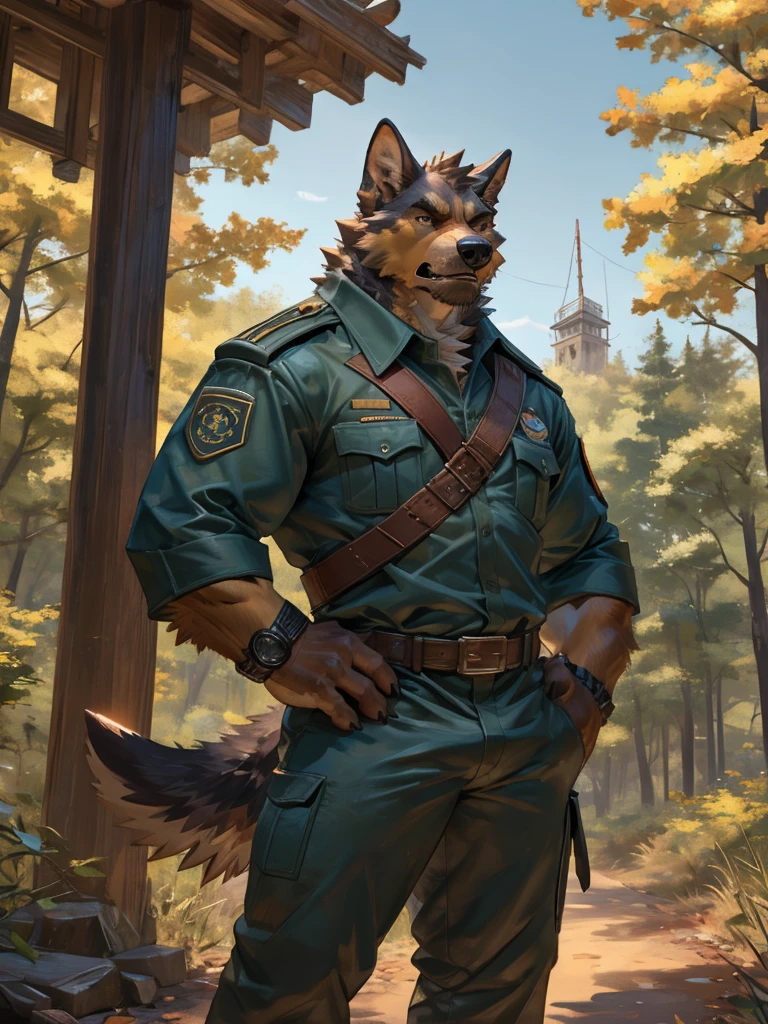 By Taran Fiddler, one man, anthro canine (irish wolfhound), hound dog breed, brown fur, dilf, wrinkly face, bushy eyebrows, wearing park ranger uniform, hands to his hips, stern facial expression, looking at viewer, snarling, grumpy, standing infront of a ranger tower, wooded forest background, national park in the background, watch tower in the background