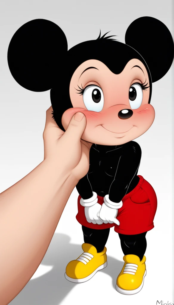 Furry, Mickey Mouse, shortstack, short stature, slightly blushed, disney cartoon, white gloves, red shorts, naked chest, yellow shoes, black body, close up on face, human hand on cheek, cheek caressing, black body