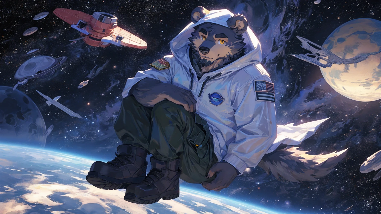 (masterpiece:1.2), best quality,pixiv,official art,perfect anatomy, (Ray tracing, light),solo, (1_male:1.3) , (muscle), (grey fur:1.4), (muscle bear), (beard:1.2), (gleaming golden eyes), bear tail, full body, Thick black eyebrows,(open hooded parka), (naked inside), (cargo pants:1.2), boots , (in the space:1.3) , star , planet , earth , asteroid , (character floating :1.3), clasping round knees