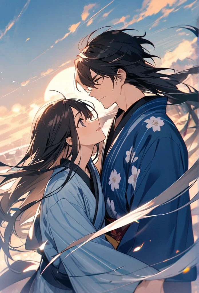 Japanese、male、Black Hair、Long Hair、Hair fluttering in the wind、blue kimono、Let's go together、Extend your left hand to the person on the other side of the screen、The background is pale blue Face facing this。Body facing left。Hold out your left hand、As if grabbing my hand