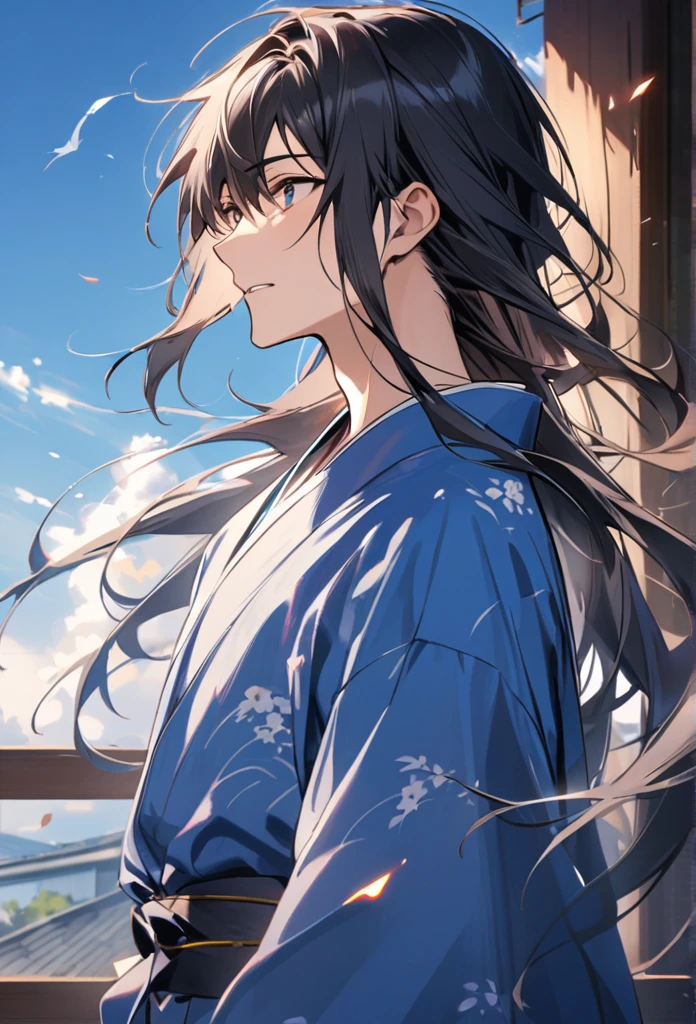 Japanese、male、Black Hair、Long Hair、Hair fluttering in the wind、blue kimono、Let's go together、Extend your left hand to the person on the other side of the screen、The background is pale blue Face facing this。Body facing left。Hold out your left hand、As if grabbing my hand