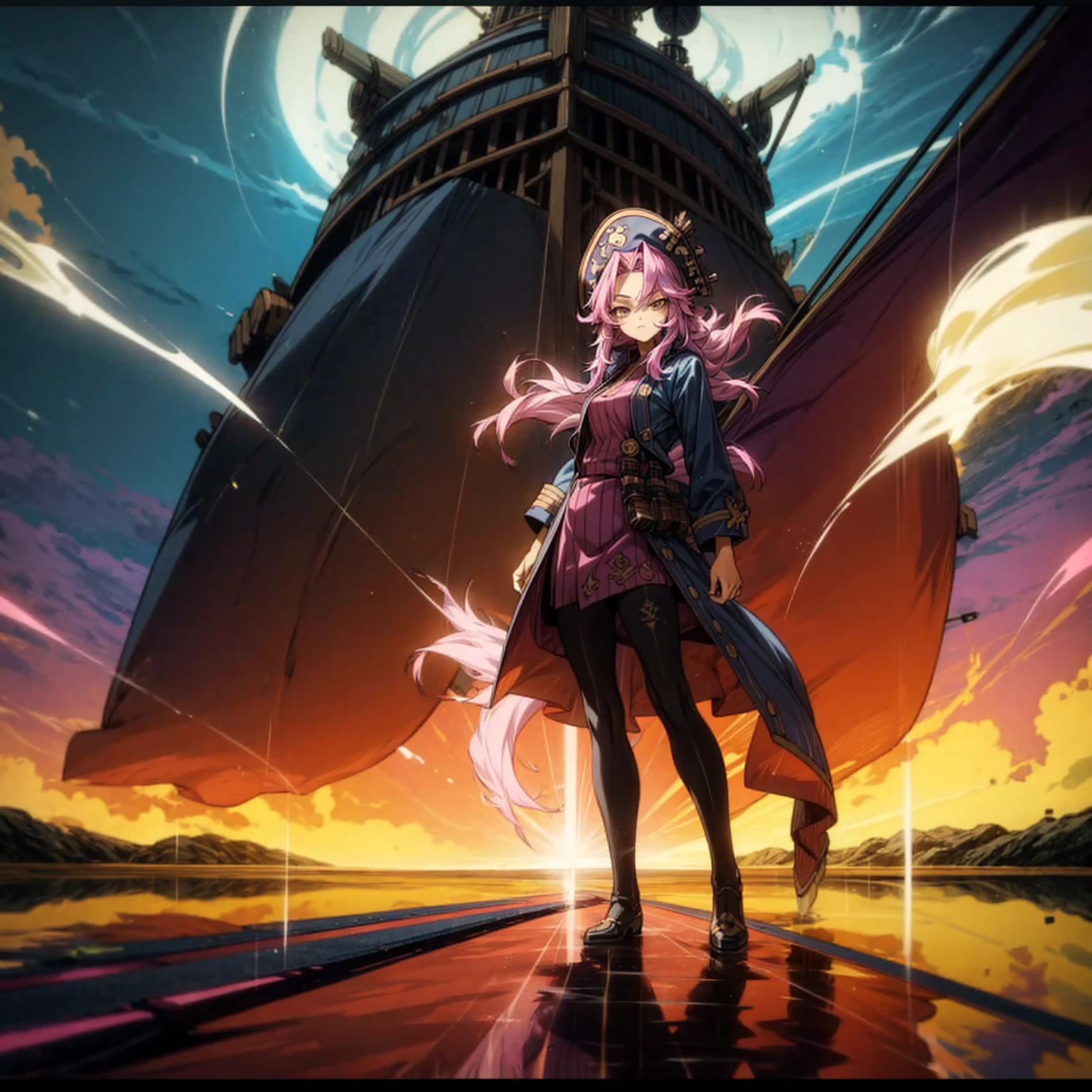 1girl, Full body version, 1character, adult girl version, gold eyes color, long haircut, pink colour hair, queen style clothing, blue colour clothing, pirate hat, sword in hand, Grassroots, background in Pirate Ship, motion blur, (Hunter x Hunter style), standing gesture, (low angle view) , aura effect, lighting aura, smoke effect, lighting sun, sun, plasma effect, aura body, 