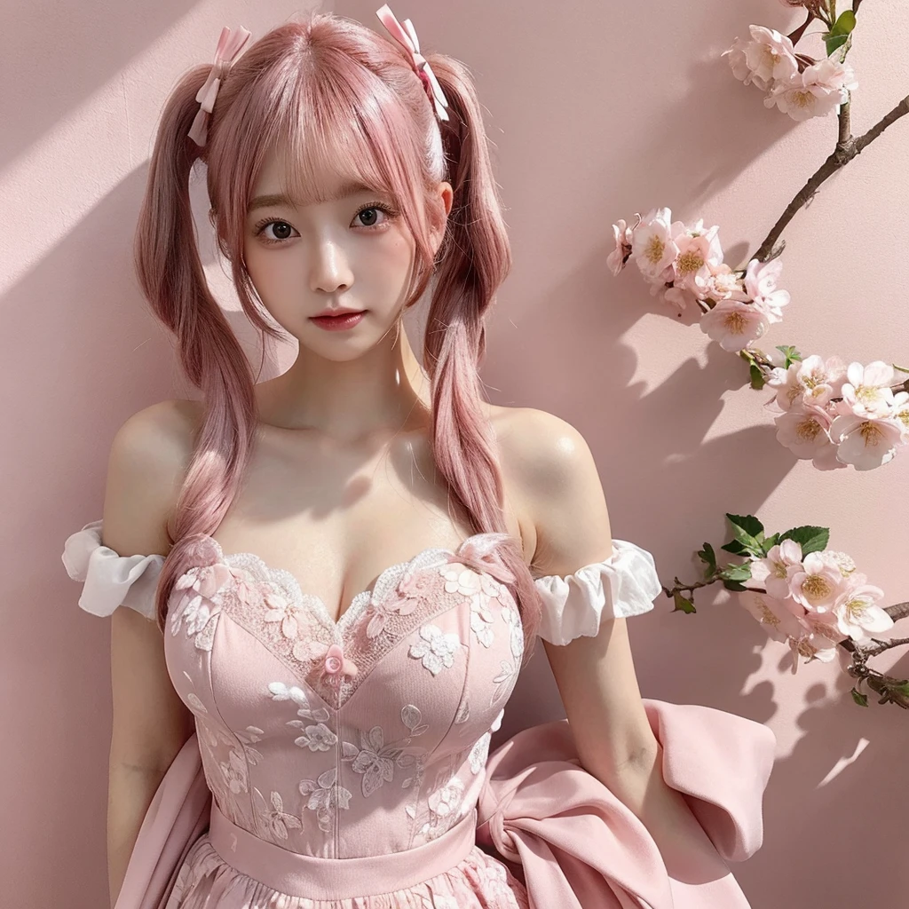 Shot with a top-of-the-line camera. highest quality, illustration, ultra-detailed, intricately detailed, high resolution, 8k, Slim and well-proportioned, cherry blossom pink hair in twin tails, very large breasts, fair skin. She is wearing a Japanese idol costume, She is in a magazine photoshoot studio. The background is a pink wall. cleavage between breasts