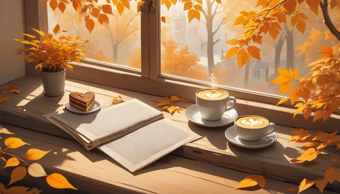 Make a picture of a cozy autumn morning scene featuring one cup of coffee with heart-shaped latte art on it, placed on a opened wooden windowsill.focus on coffe cup, beside the cup, there was a piece of cake with triangle slice layered with white cream on the small plate, and surrounded by bright yellow and orange leaves falling from the nearby trees, which are visible through the window. Warm sunlight filters through the leaves, casting dappled shadows all around, enhancing the warmth of the scene. Beside it, there is an open newspaper with visible, but unreadable writing, adding to the relaxed atmosphere of a quiet morning indoors.