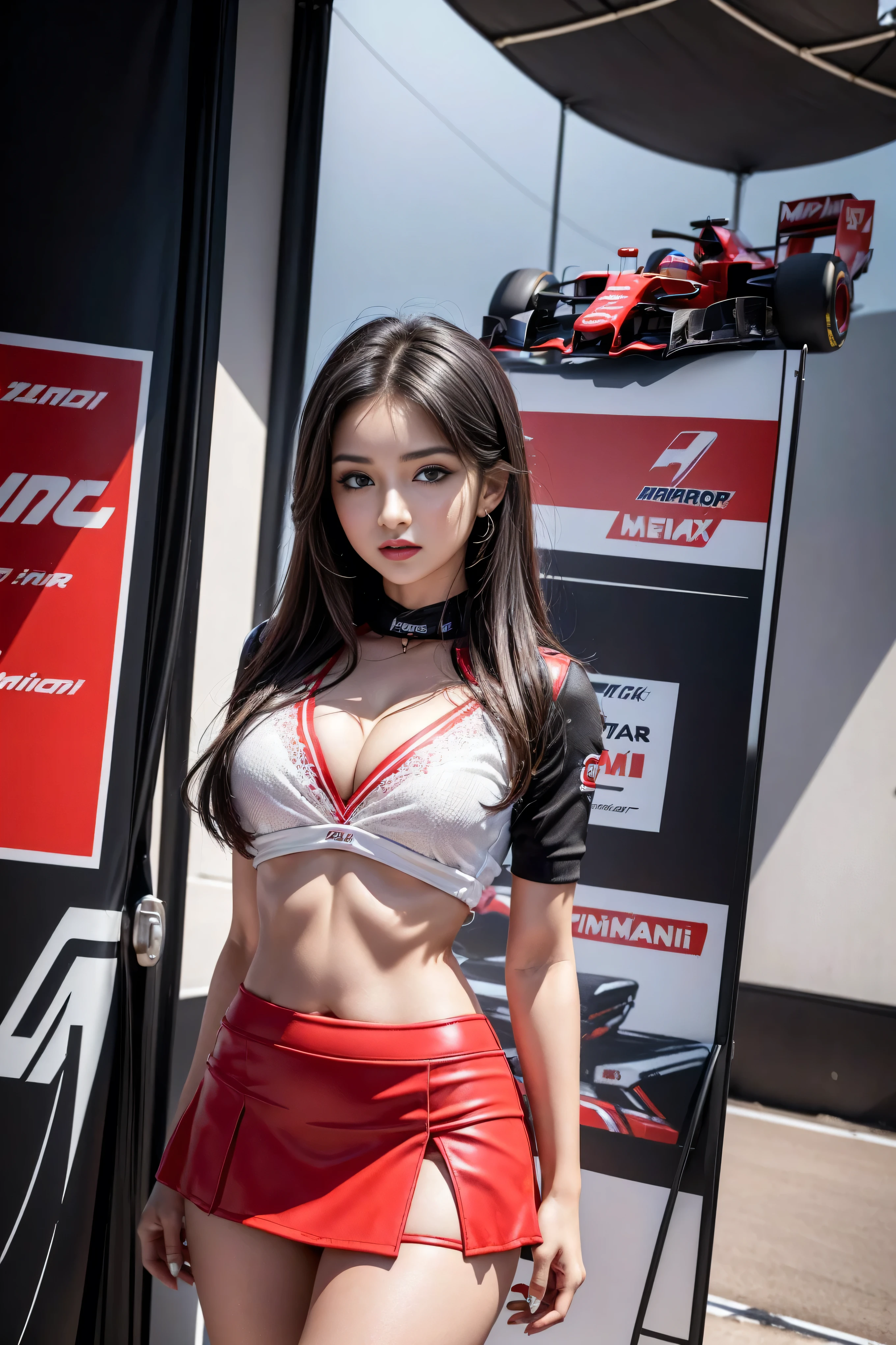 (masterpiece), ( MotoGP Racing Girls), (Eyeliner:0.5),(blush:0.5), Black Hair, A faint smile, Refers to a beautiful and delicate girl, Extremely detailed eyes and face, Beautiful and delicate eyes, , ((MOTOGP events)), (MotoGP track background), (best quality, high resolution, Reality, The original, 8K,masterpiece, ),(((Dynamic poses))),(((Midsection perspective))),(((Showing the underside of the chest ))),(((Red Mini Skirt Lift))),(((Bare inner thighs))),(((Formula One cars on display))), (Vibrant colors:1.2), (Beautifully),