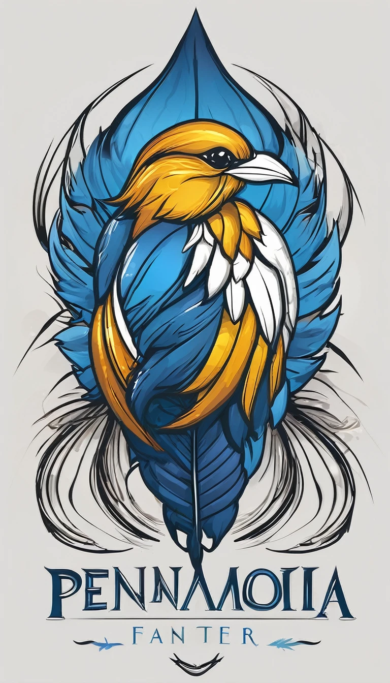 Create a minimalistic, simple, fantastic, easy to understand, logo design of a boy and a feather for an upcoming Fantasy Role Playing Game called " Penamemoria". The game is about a world full of bird and feathers. A boy enters that world and discovers his true artistic identity. Create a logo design that transmits the essence of this videogame. It´s a fantasy game, with fantasy elements. Create the logo in the center and a fantasy theme as background. Use the colours blue, white, yellow in the logo. The logo design must convey a sense of fantasy, dreams and music. Must convey a feeling of being a true Dreamer
