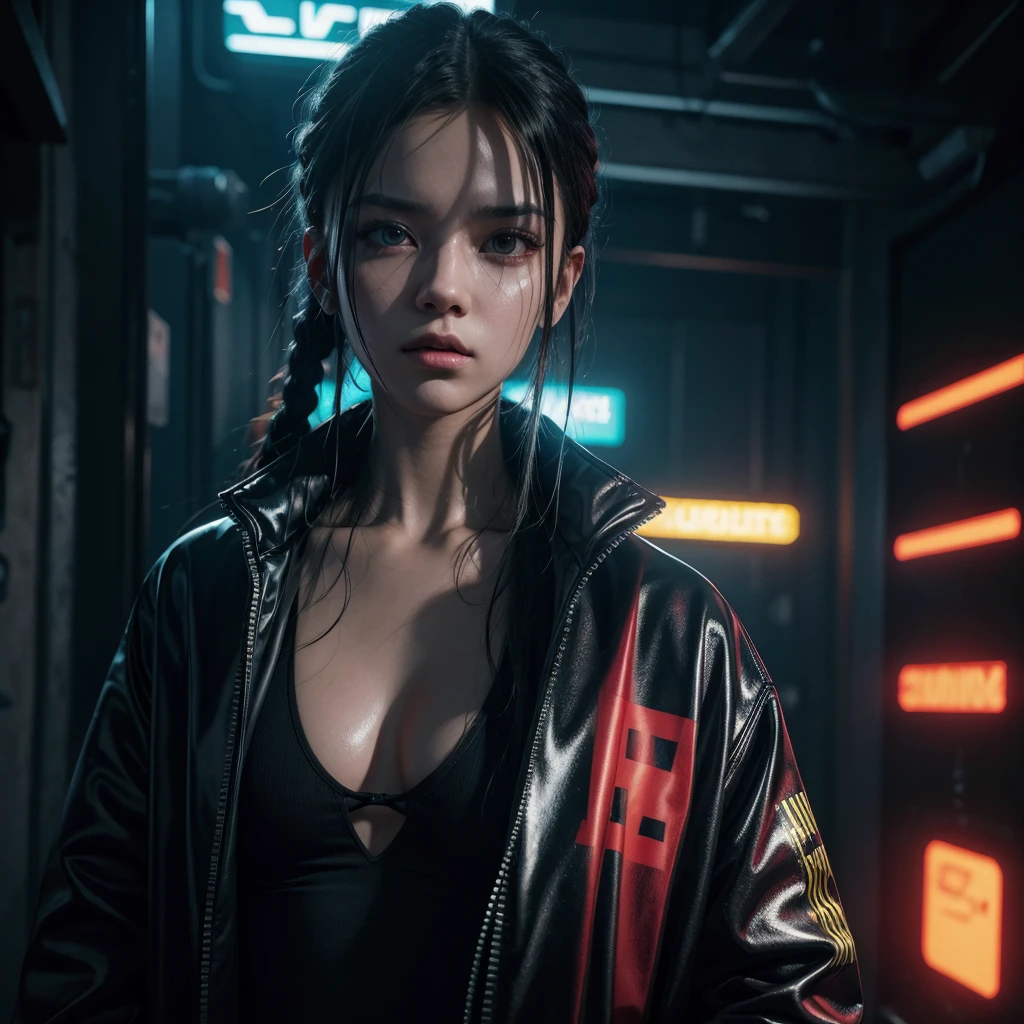 Wearing complex cyberpunk streetwear, comely, Kizi, detailed portrayal, 4K, shiny colors, conceptual artwork, cinematic dramatic atmosphere, sharp focus, volumetric lighting, cinematic lighting, Studio quality