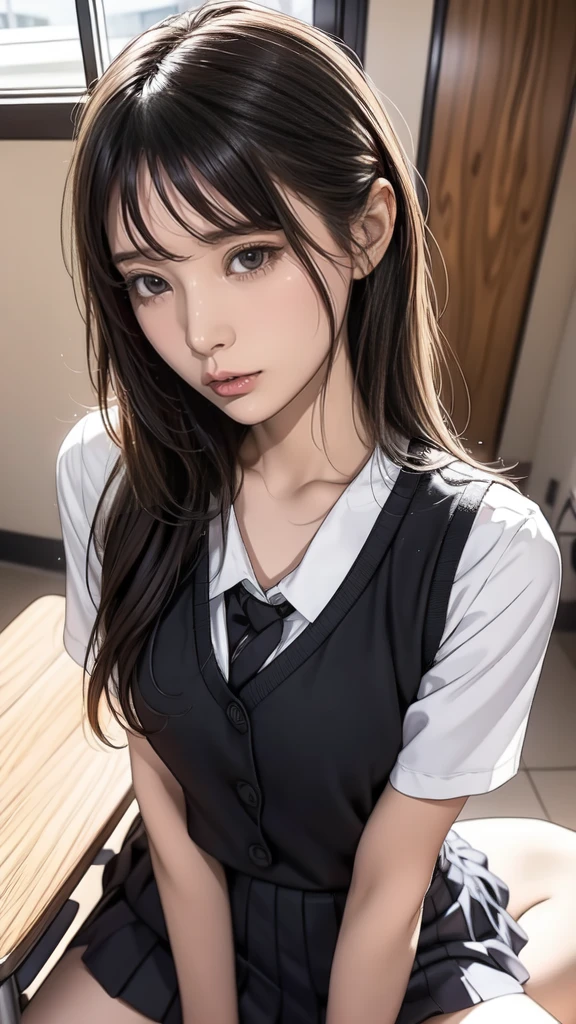 a girl,student,sitting on a desk,facing the camera,rested her chin on one hand,beautiful eyes,black and white school uniform,in summer,hair band,