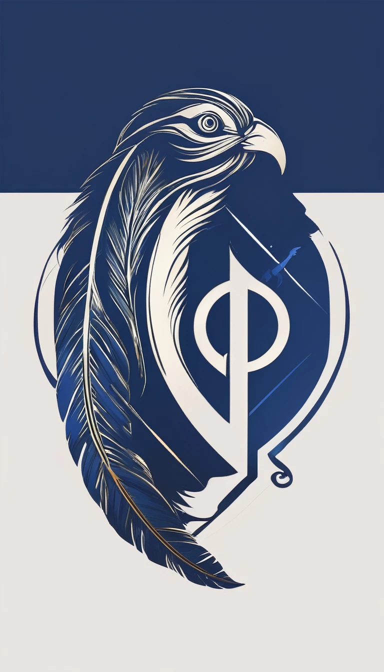 Create a minimalistic, simple, fantastic, easy to understand, logo design of a boy and a feather for an upcoming Role Playing Game called " Penamemoria". The game is about a world of bird and feathers and the inspirational, creative journey of a boy and his acoustic guitar. A boy enters that world and discovers his true artistic identity. Create a logo design that transmits the essence of this videogame and this world. It´s a fantasy game, with fantasy elements. Create the minimalistic logo in the center and a fantasy theme as background. Use the colours blue, white, light golden in the logo.
