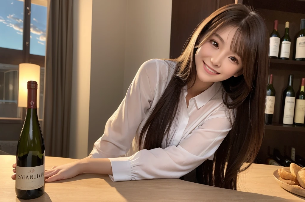 length (lengthueur de la taille:1.2) Highest quality, High resolution, ASİAN,((Highest quality、8K、masterpiece:1.3))、1名woman1名 18 years old、(Brown Hair), (Shortcuts), Slim Beauty、Beautiful couple、Full Body、smile、smile、woman、young、Shining Eyes、Big eyes、beauty、beautiful、Transparent Black、Camisole、 (Slim face), (the body is スリム), Full course dinner on table and wine glass、Amazing view of the sunset sky and clouds、Smile Beauty、Wine bottle、sparkling wine、Long sleeve shirt、dress、White wine, red wine, wine glass, Beautiful fine grain, Depth f/2,saturation, High Contrast, Strong light and shadow,Moist Body:1.5、 texture、The hair is very shiny、