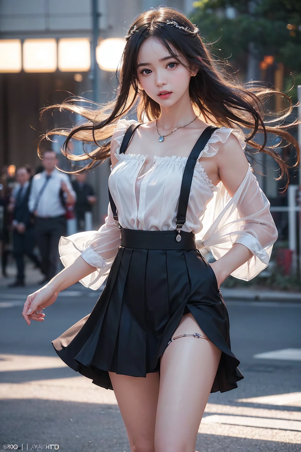(Reality,photo lifelike, Ultra HD:1.2),(EOS R8, 50 mm, f1.2, 8K, RAW photos:1.2) 1 Girl,full_Body,Highly realistic,Glassy translucent,Fleeting details,Overhead spotlight beam,National Wind,Jewelry,Suspenders_skirt,