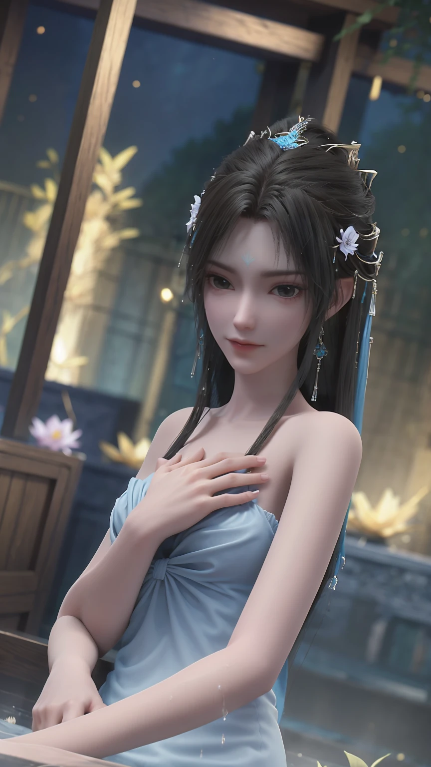 A girl bathing in water,Showering above the shoulders while bathing in water,No clothes,Hold your hands to your chest,Cover your chest with your hands,Blue glowing lotus flowers on the water