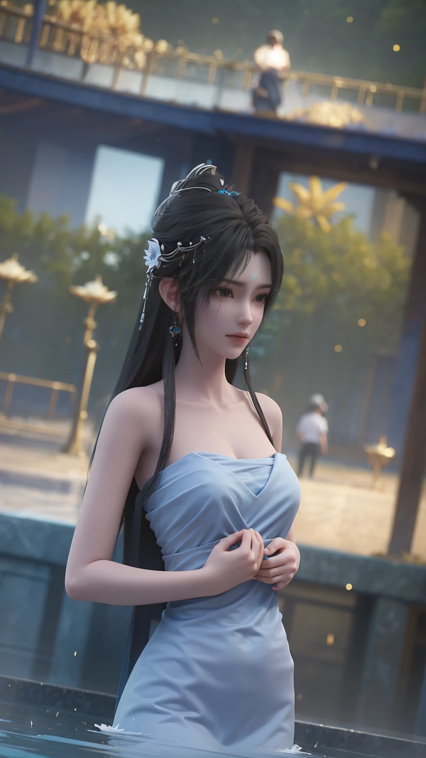 A girl bathing in water,Showering above the shoulders while bathing in water,No clothes,Hold your hands to your chest,Cover your chest with your hands,Blue glowing lotus flowers on the water