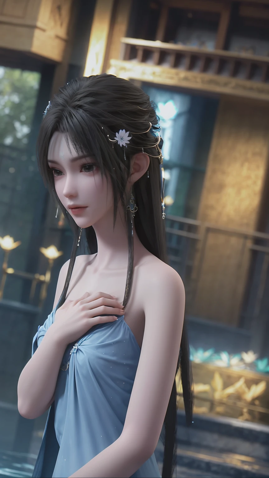 A girl bathing in water，Showering above the shoulders while bathing in water，No clothes，Hold your hands to your chest，Cover your chest with your hands，Blue glowing lotus flowers on the water
