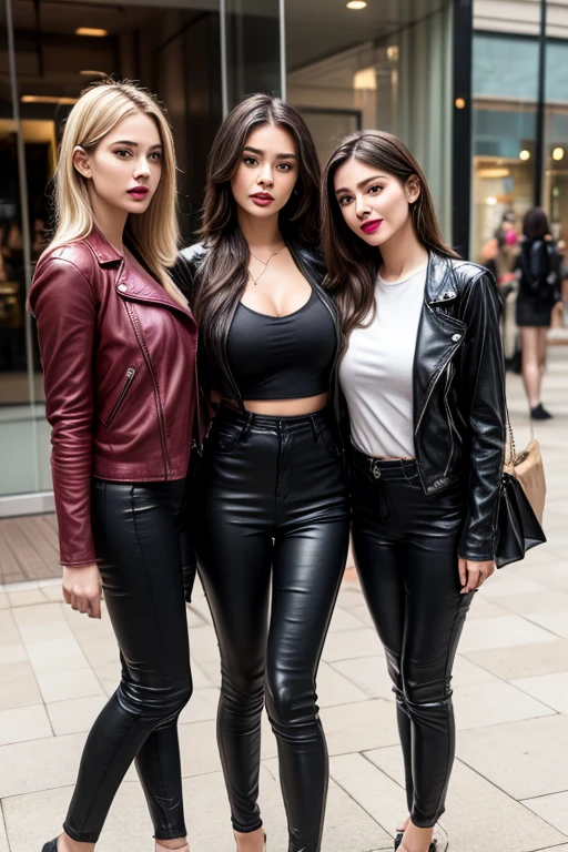 3 girls in leather clothes, in burgundy and black leather jackets, Cutie Pixie with short blonde hair, Lips in red lipstick, Tight black clothes.. Dark, trousers. Dark, Hairpins in a shopping center