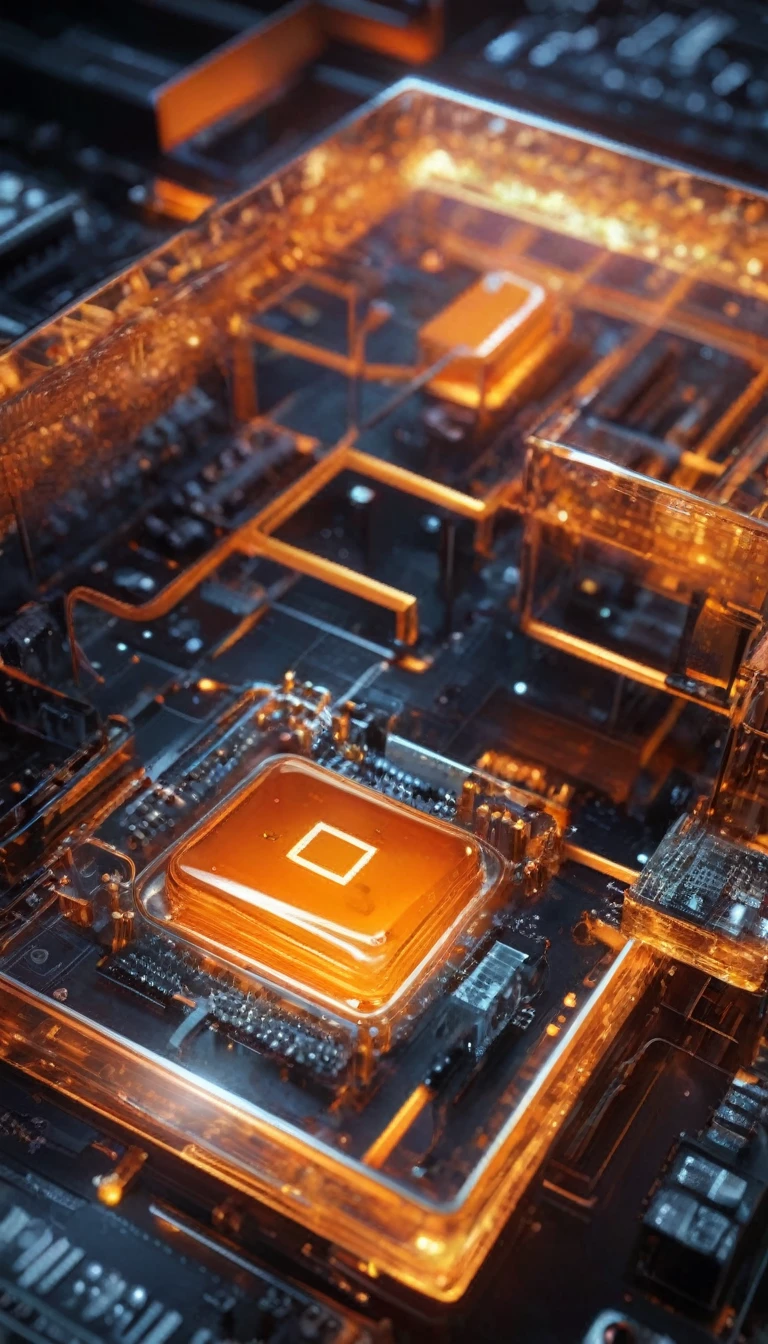 Orange,chip,Product Close-up,Close-up of the Photogram,Rendering,C4D,High-speed flow,3d,ultra-high definition texture details,integrated circuit,cou,network,data stream,Special effect,(The emitted light converges in the middle:1.5),container_architecture