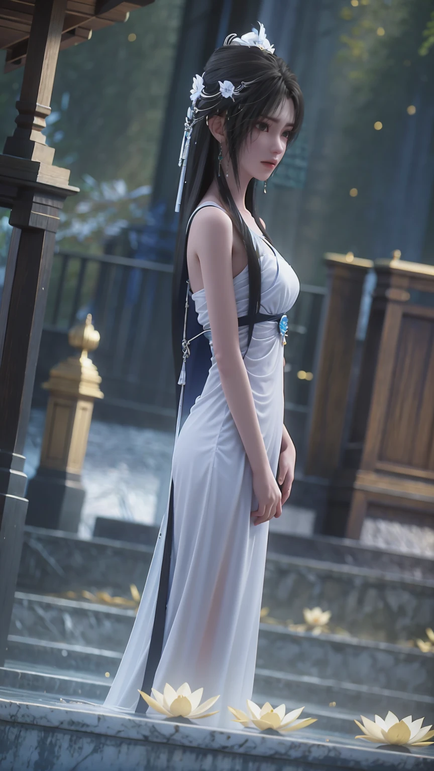 A girl bathing in water,Showering above the shoulders while bathing in water,Wearing full body pajamas,Hold your hands to your chest,Cover your chest with your hands,Blue glowing lotus flowers on the water,Only the shoulders are exposed in the water,White clothes ,穿着White clothes