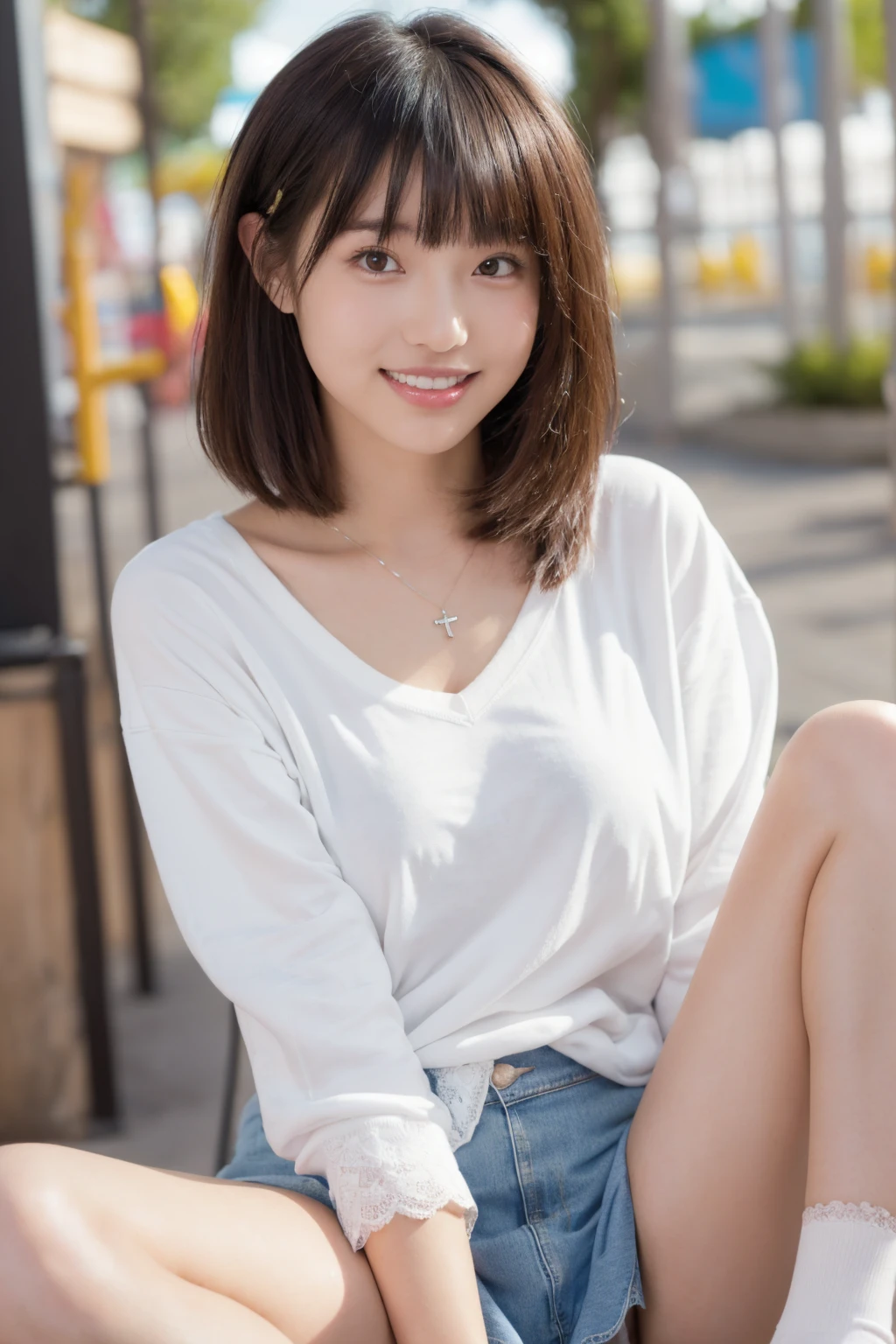 (Professional portrait, Professional Writing) ,masterpiece,Highest quality,Realistic,8K,Official Art, Ultra-high resolution, Shooting from below, (One young woman sitting, (Modestly spread legs:1.4),(showing Panty:1.5) ,Beautiful Face, smile, amusement park, Skirt flipped up, white panty、Casual sweatshirts、(Denim skirt:1.35), , , Clear cute big nipples, , Straight bangs, Medium Hair、Shrine maiden, , , 、Show your panties neatly from the front、Japanese girls like the ones in the photo, Pale-skinned girl, , , necklace, 24-years-old, , , ,, 8K, , Plain eyes、, realistic breasts, , realistic girl, beautiful girl、kawaii、I am studying, Brown Hair、Cheerleader、ribbon、アイドルステージ, , Showing teeth、(Pure white panties made of lace:1.1), (knees up:1.33), (Half open your eyes:1.1)