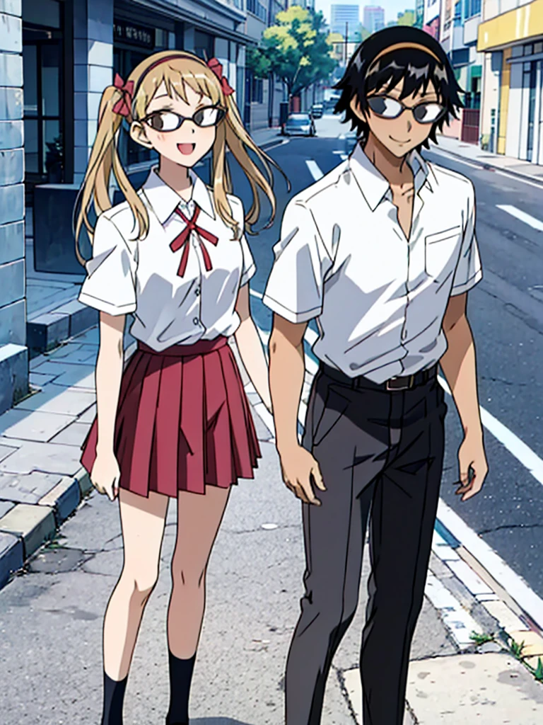 1 boy and 1 girl stand in the street,twintails,sawachika Different, brown eyes, hair ribbon,harimakenji, glasses, ,school uniform, red pleated skirt,Different,hairband, looking_at_viewer, sDifferentous, gakuran, white_shirt,smile,happy,two persons,Couple