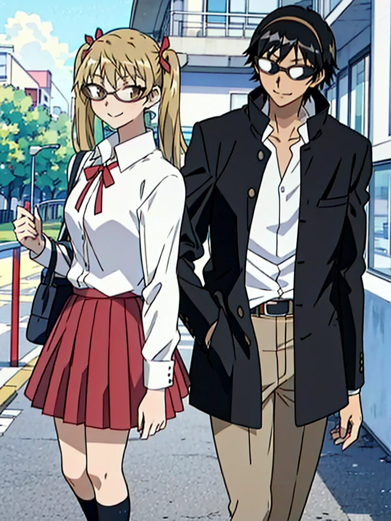 1 boy and 1 girl stand in the street,twintails,sawachika Different, brown eyes, hair ribbon,harimakenji, glasses, ,school uniform, red pleated skirt,Different,hairband, looking_at_viewer, sDifferentous, gakuran, white_shirt,smile,happy,two persons,Couple