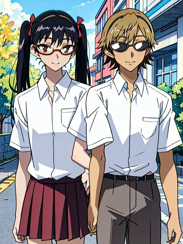 1 boy and 1 girl stand in the street,twintails,sawachika Different, brown eyes, hair ribbon,harimakenji, glasses, ,school uniform, red pleated skirt,Different,hairband, looking_at_viewer, sDifferentous, gakuran, white_shirt,smile,happy,two persons,Couple