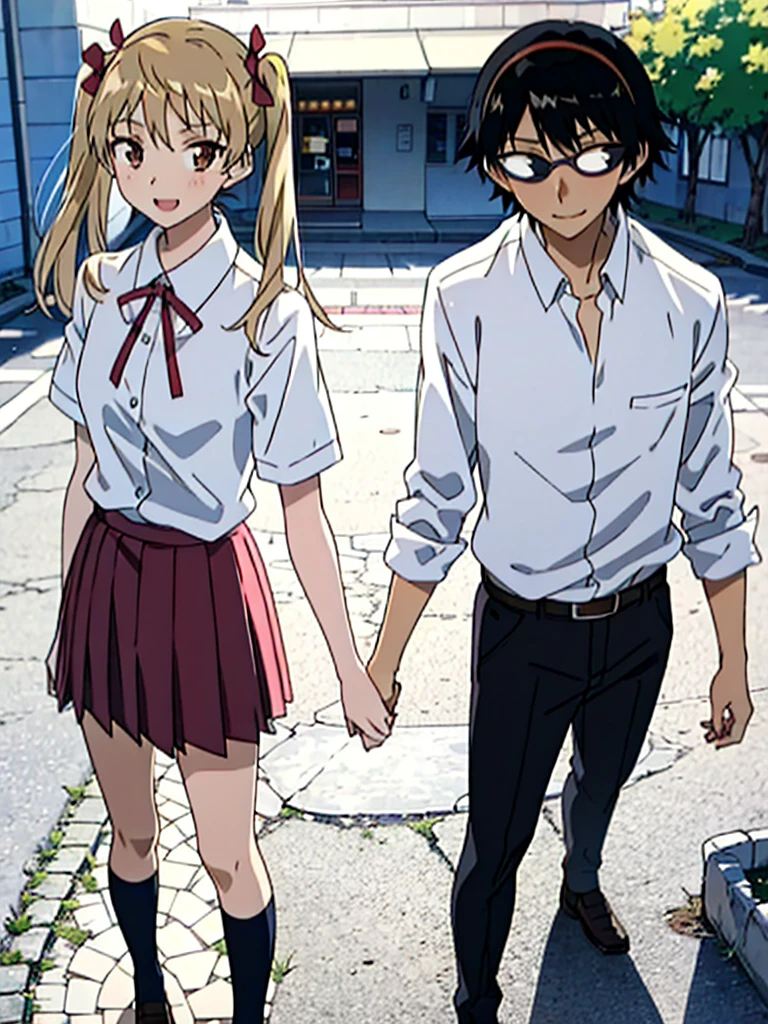 1 boy and 1 girl stand in the street,twintails,sawachika Different, brown eyes, hair ribbon,harimakenji, glasses, ,school uniform, red pleated skirt,Different,hairband, looking_at_viewer, sDifferentous, gakuran, white_shirt,smile,happy,two persons,Couple