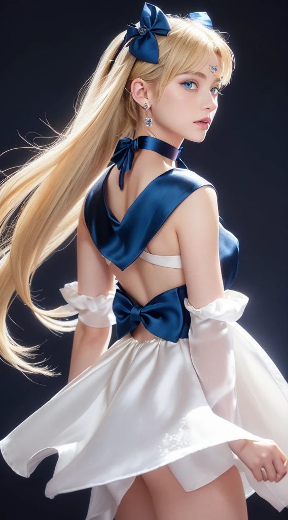 Realistic, masterpiece, Realistic, High resolution, Soft Light, Hip Up, (blue eyes, Blonde), Long Hair, (Silk and bow front:1.3),Earrings,Filigree,Removable sleeves,Wide sleeves, (Bracelet:1.2),jewelry, (Cleavage,Bare shoulders,Strapless,Simple Choker,Tube Dress,Very good:1.1), ------------------------------- (null,Idol Animation,Simple Background,Leaves and plants in the foreground :1.2), ------------------------------- (Meishaon,blue eyes,tsukino usagi,Double Bang,Sailor collar,Crescent Moon,Sailor Moon:1.2), Back view