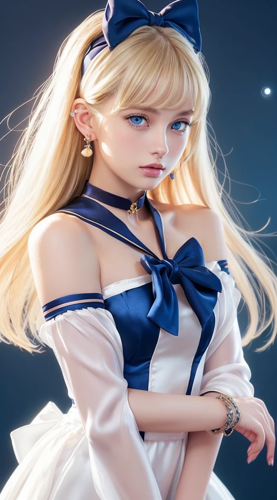 Realistic, masterpiece, Realistic, High resolution, Soft Light, Hip Up, (blue eyes, Blonde), Long Hair, (Silk and bow front:1.3),Earrings,Filigree,Removable sleeves,Wide sleeves, (Bracelet:1.2),jewelry, (Cleavage,Bare shoulders,Strapless,Simple Choker,Tube Dress,Very good:1.1), ------------------------------- (null,Idol Animation,Simple Background,Leaves and plants in the foreground :1.2), ------------------------------- (Meishaon,blue eyes,tsukino usagi,Double Bang,Sailor collar,Crescent Moon,Sailor Moon:1.2), Back view