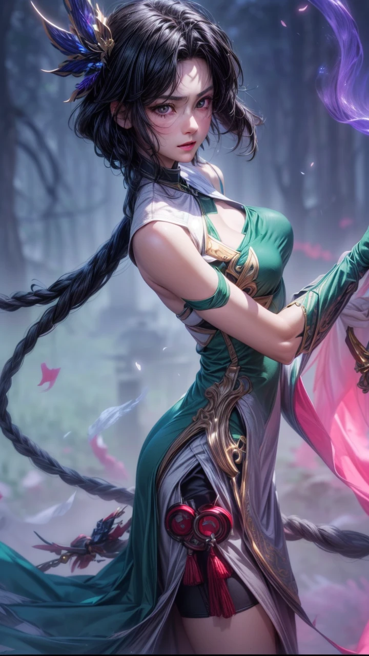 Top quality, masterpiece, very high resolution, (photorealistic: 1.4), 1 girl wearing green clothes, bright black eyes, black hair, professional flash, sharp focus,(extremely detailed CG unity 4k fhd), 8k.