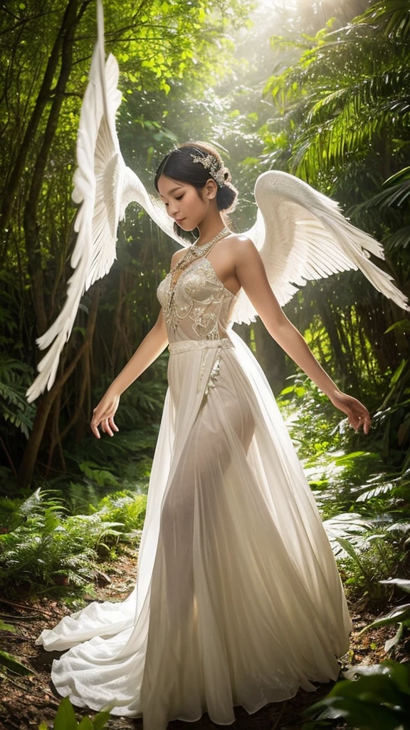 "Craft a narrative about a young Indonesian girl dancing in the forest wearing a white kebaya adorned with wings resembling those of a peacock and a swan. Describe the scene where she gracefully moves among the ancient trees, her attire shimmering in the dappled sunlight. Illustrate how her dance mirrors the elegance of the peacock and the serenity of the swan, creating a mesmerizing blend of human and avian grace in the heart of the wilderness."