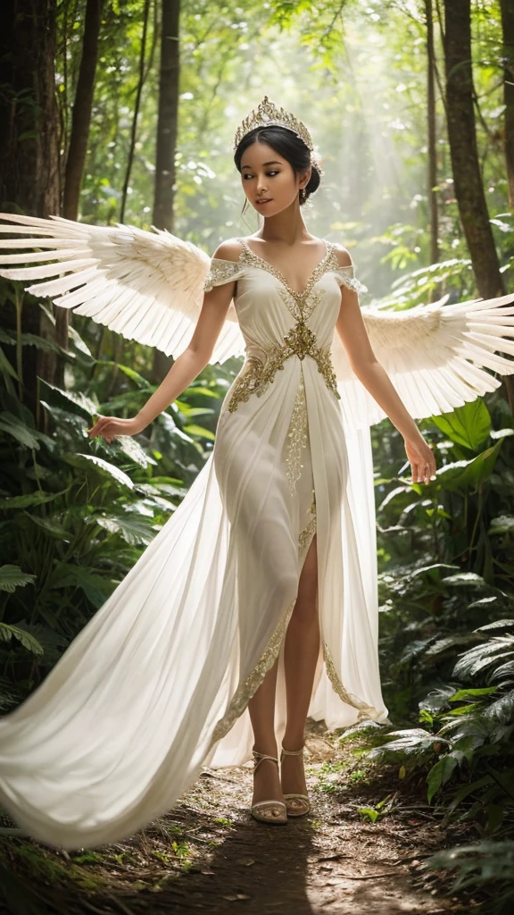 "Craft a narrative about a young Indonesian girl dancing in the forest wearing a white kebaya adorned with wings resembling those of a peacock and a swan. Describe the scene where she gracefully moves among the ancient trees, her attire shimmering in the dappled sunlight. Illustrate how her dance mirrors the elegance of the peacock and the serenity of the swan, creating a mesmerizing blend of human and avian grace in the heart of the wilderness."