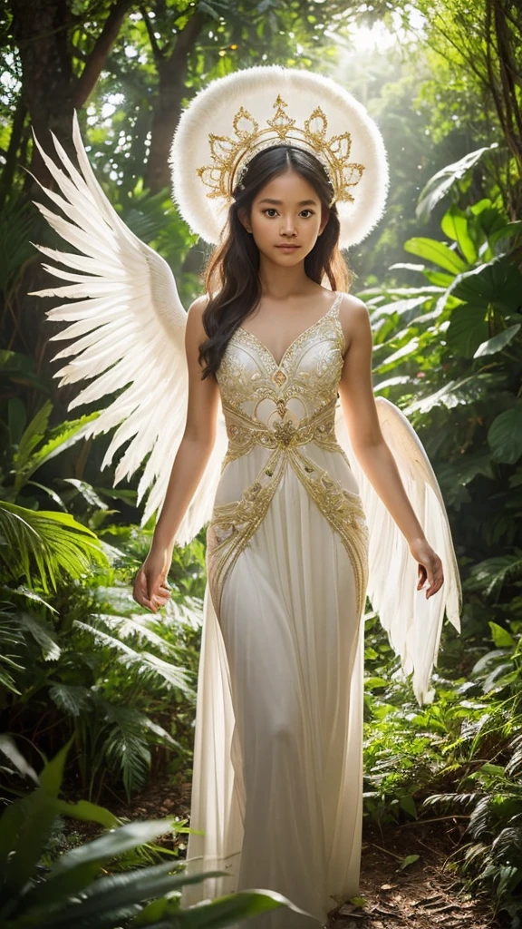 "Craft a narrative about a young Indonesian girl dancing in the forest wearing a white kebaya adorned with wings resembling those of a peacock and a swan. Describe the scene where she gracefully moves among the ancient trees, her attire shimmering in the dappled sunlight. Illustrate how her dance mirrors the elegance of the peacock and the serenity of the swan, creating a mesmerizing blend of human and avian grace in the heart of the wilderness."