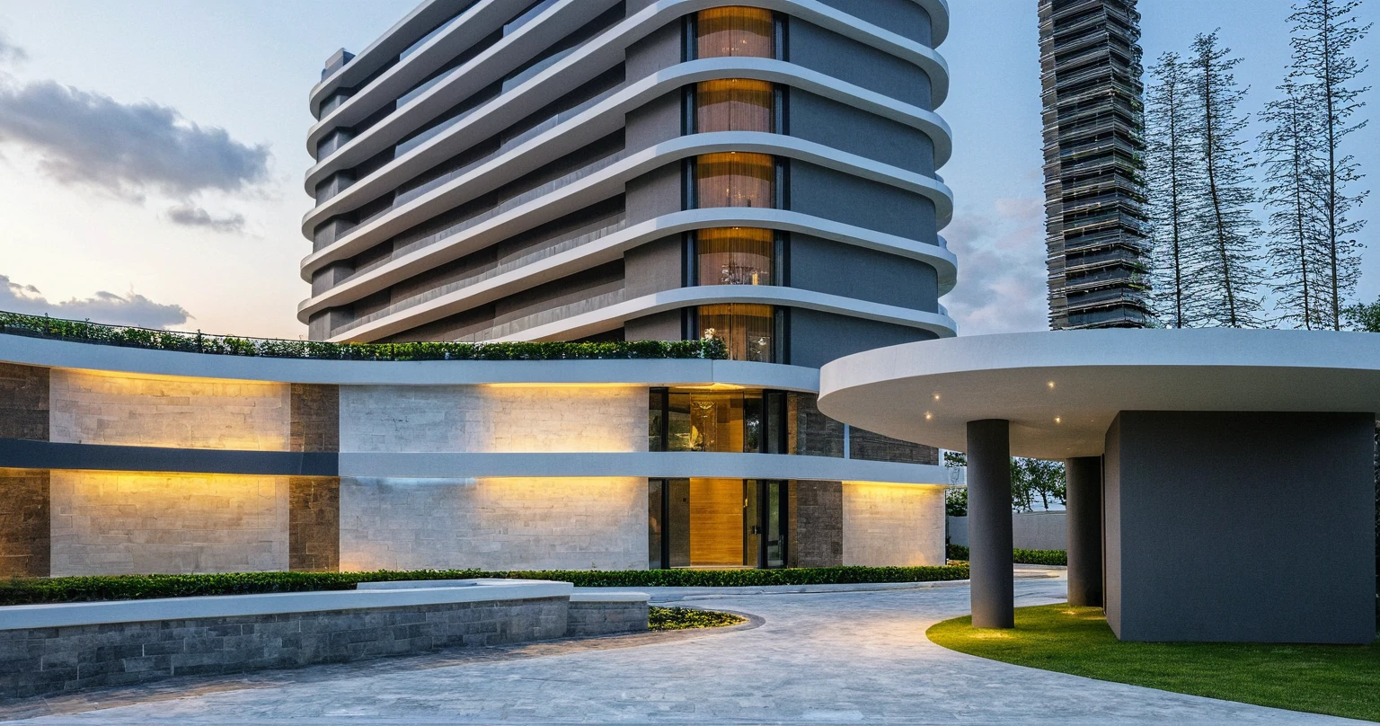 Masterpiece, high quality, best quality, authentic, super detail, outdoors, onestoreyvillaXL, aiaigroup, Raw photo, modern townhouse style, (white wall), curved wall facade, aluminum interior door glass, curved planter, gray tiled accent wall, gray iron box exterior gate, road, sidewalk, grass, trees, sky, clouds, (daylight):1.1)