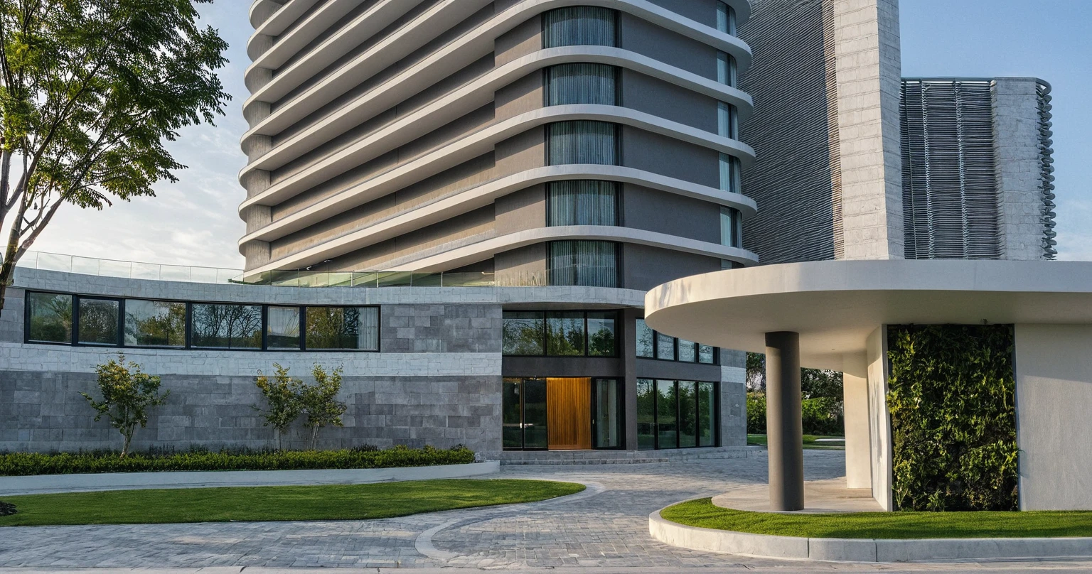 Masterpiece, high quality, best quality, authentic, super detail, outdoors, onestoreyvillaXL, aiaigroup, Raw photo, modern townhouse style, (white wall), curved wall facade, aluminum interior door glass, curved planter, gray tiled accent wall, gray iron box exterior gate, road, sidewalk, grass, trees, sky, clouds, (daylight):1.1)