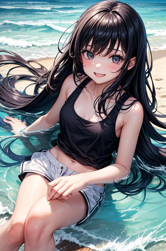 1girl, , 12 years old, cute girl, pretty face, smile, Beautiful black long hair, black eyes, Summer Sea, Seaside, bathing beach, whole, Girl playing with waves on the beach, Dynamic girl, White tank top, white shorts