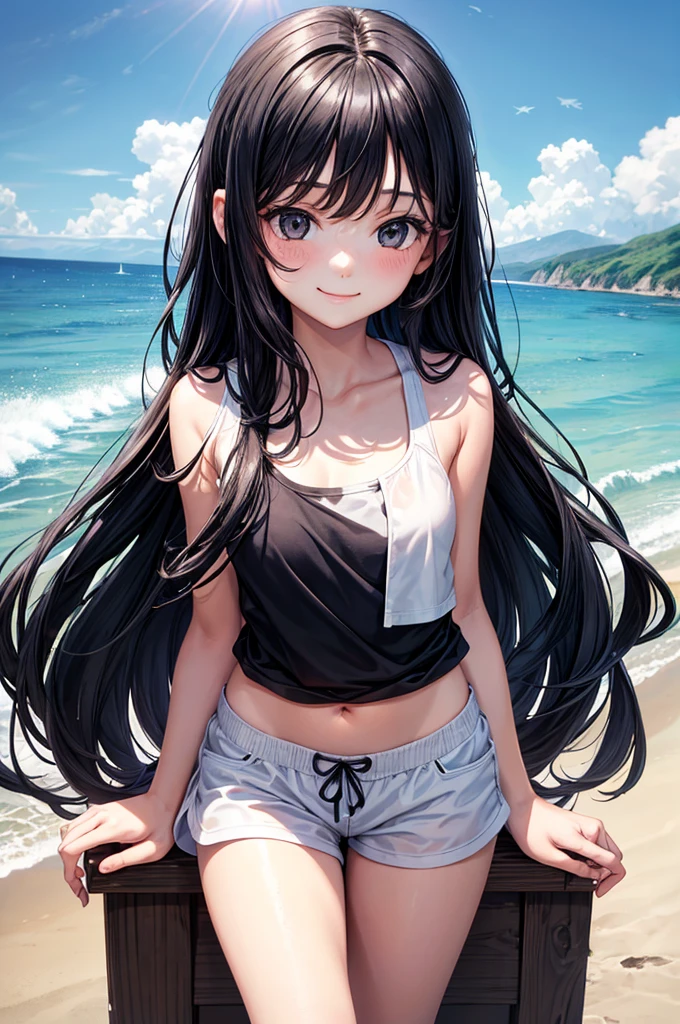 1girl, , 12 years old, cute girl, pretty face, smile, Beautiful black long hair, black eyes, Summer Sea, Seaside, bathing beach, whole, Girl playing with waves on the beach, Dynamic girl, White tank top, white shorts