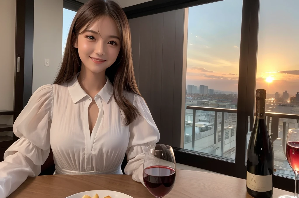 length (lengthueur de la taille:1.2) Highest quality, High resolution, ASİAN,((Highest quality、8K、masterpiece:1.3))、1名woman1名 18 years old、(Brown Hair), (Shortcuts), Slim Beauty、Beautiful couple、Full Body、smile、smile、woman、young、Shining Eyes、Big eyes、beauty、beautiful、Transparent Black、Camisole、 (Slim face), (the body is スリム), Full course dinner on table and wine glass、Amazing view of the sunset sky and clouds、Smile Beauty、Wine bottle、sparkling wine、Long sleeve shirt、dress、White wine, red wine, wine glass, Beautiful fine grain, Depth f/2,saturation, High Contrast, Strong light and shadow,Moist Body:1.5、 texture、The hair is very shiny、