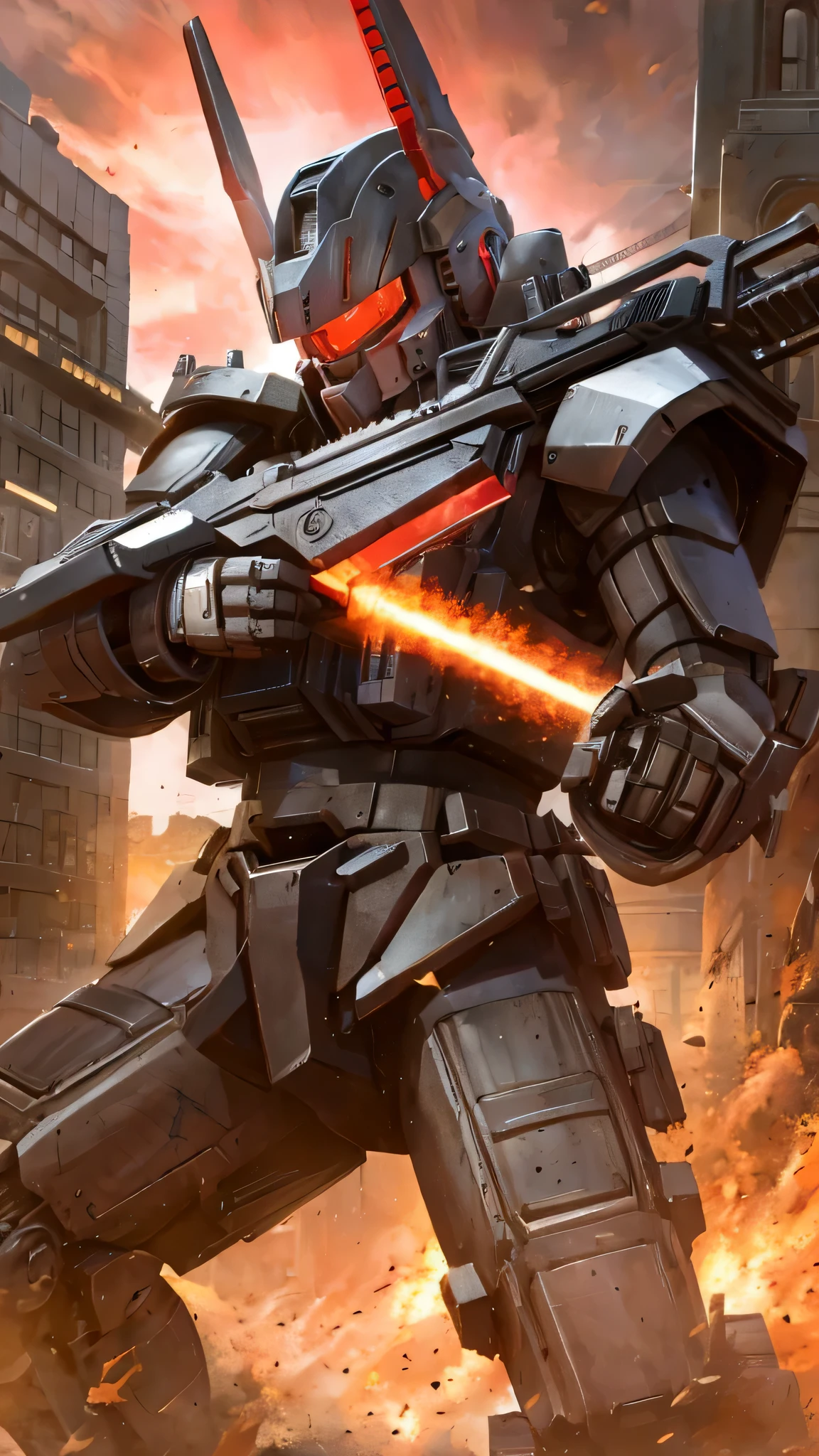 最high quality、Best image quality、masterpiece、Giant Mecha((humanoid、black body、Railgun、Bulletproof vest、Jetpack、Red visor、Full burst、Chainsaw,Covered in scars))high quality、Beautiful art、background((city)),Tabletop、Exquisite design、Visual Arts、Written boundary depth、Best lighting、The finest details、8k