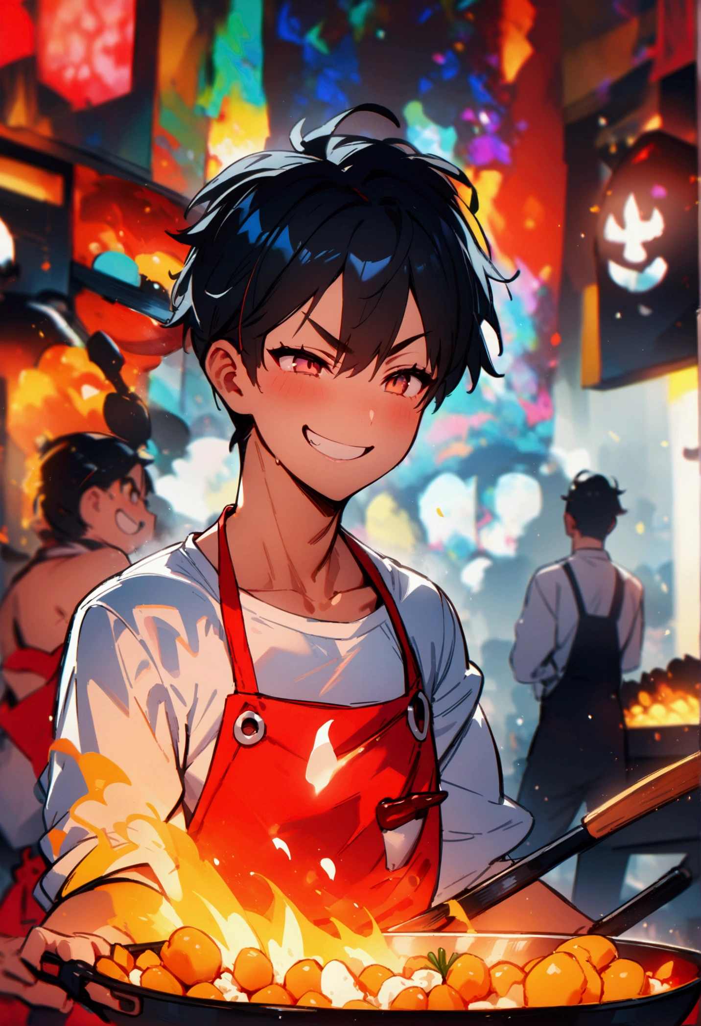 best quality, masterpiece, 8K, HD, man with stylish blond hair, wearing white shirt and red apron, dramatically frying food in a giant steel wok, dramatic action pose, cheeky smile, vibrant colors, highly detailed
