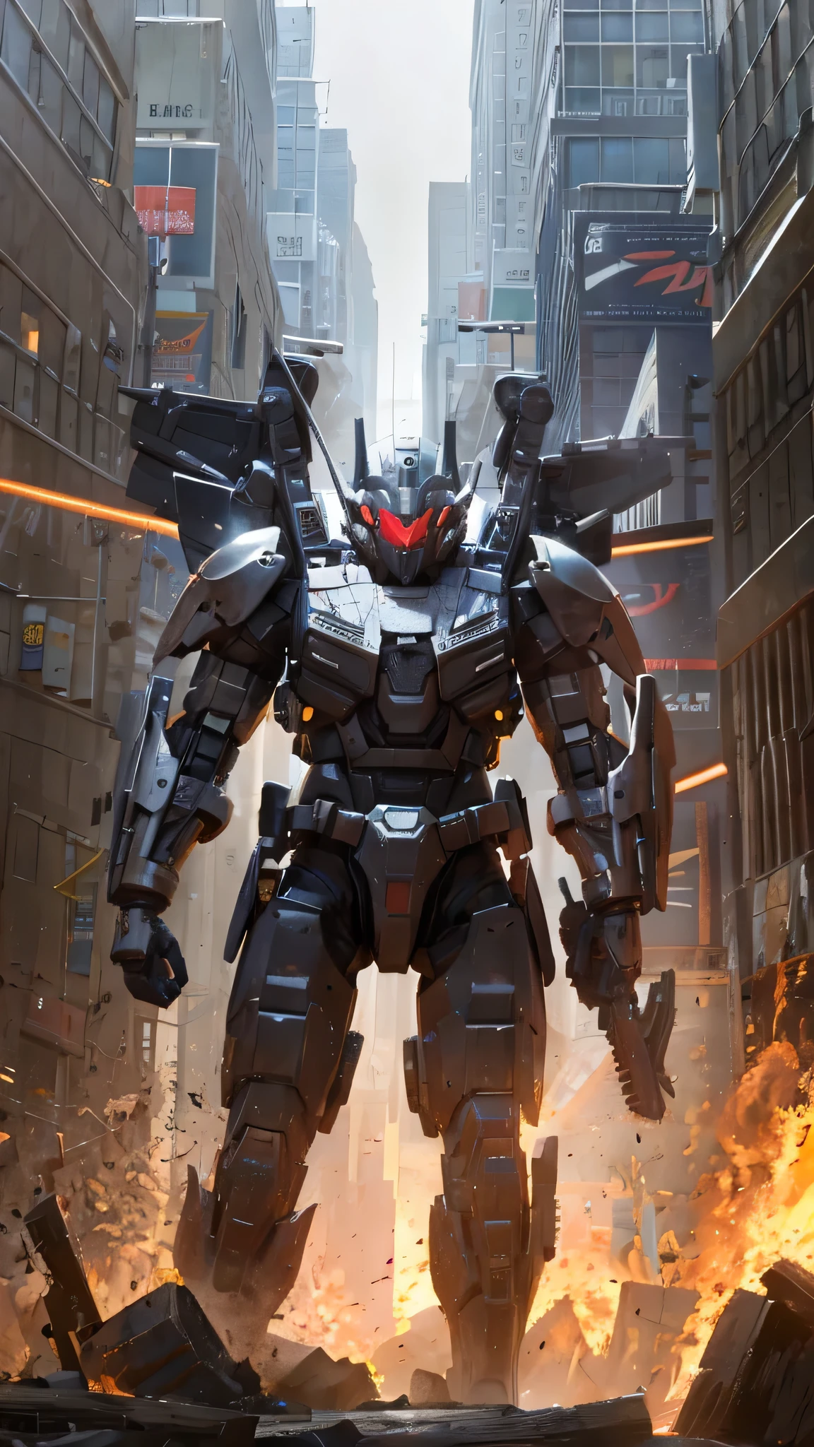 最high quality、Best image quality、masterpiece、Giant Mecha((humanoid、black body、Railgun、Bulletproof vest、Jetpack、Red visor、Full burst、Chainsaw,Covered in scars)）high quality、Beautiful art、background((city)),Tabletop、Exquisite design、Visual Arts、Written boundary depth、Best lighting、The finest details、8ｋ