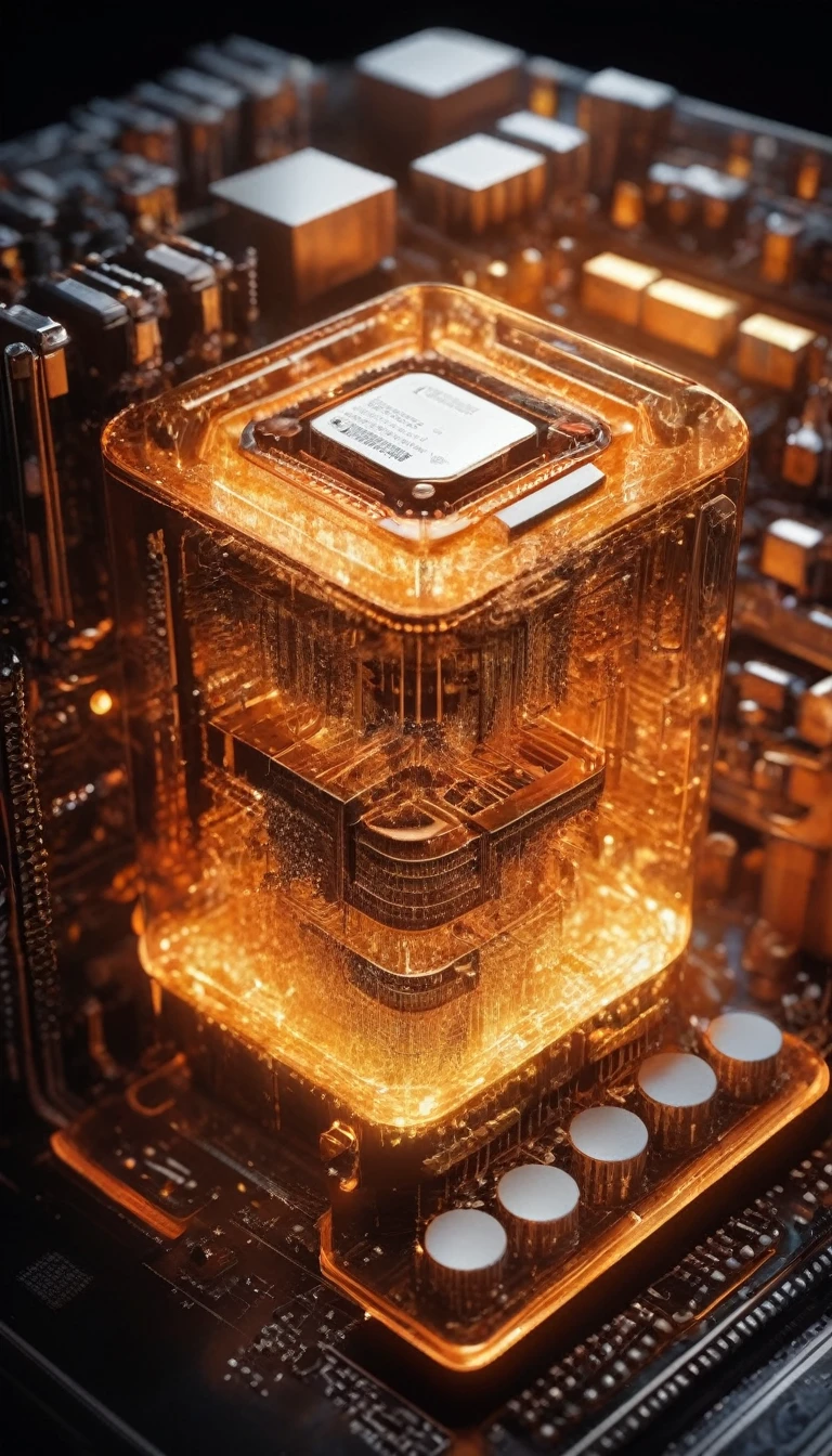 Orange,chip,Product Close-up,Close-up of the Photogram,Rendering,C4D,High-speed flow,3d,ultra-high definition texture details,integrated circuit,cpu cluster,network,data stream,Special effect,(The emitted light converges in the middle:1.5),container_architecture