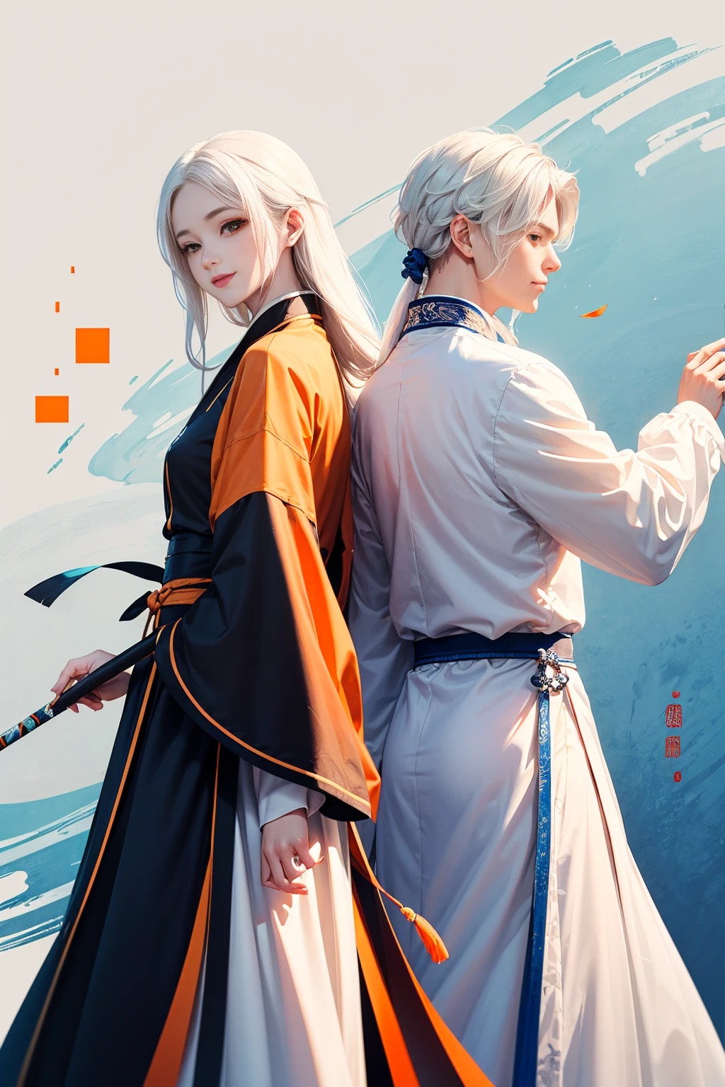 high quality , one white hair girl and one white hair boy, long hair, wuxia character, ((white clothes with blue and orange accent)), ink painting background, flat background, minimalist background, chinese wind pattern background, smiling, standing back to back