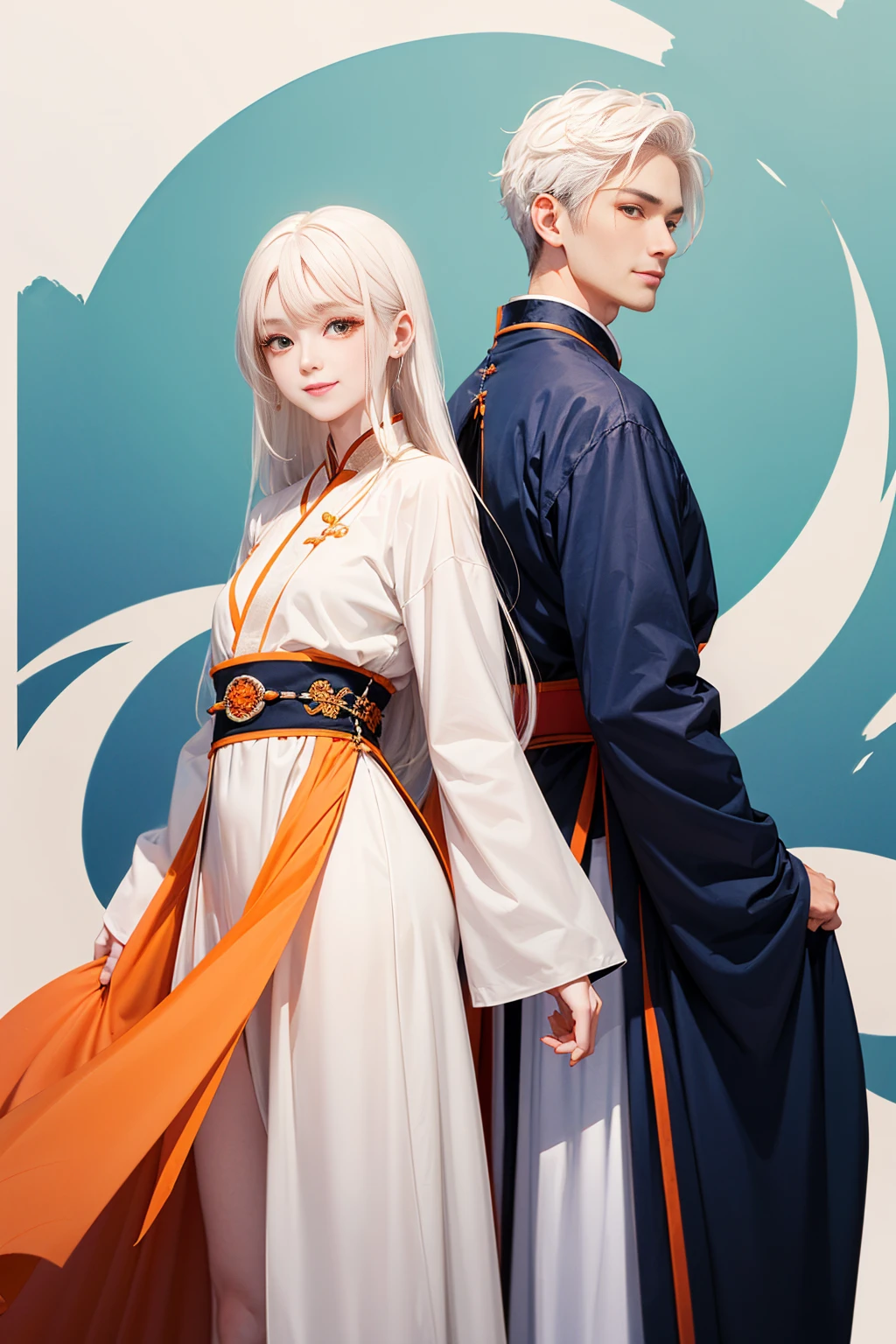 high quality , one white hair girl and one white hair boy, long hair, wuxia character, ((white clothes with blue and orange accent)), ink painting background, flat background, minimalist background, chinese wind pattern background, smiling, standing back to back