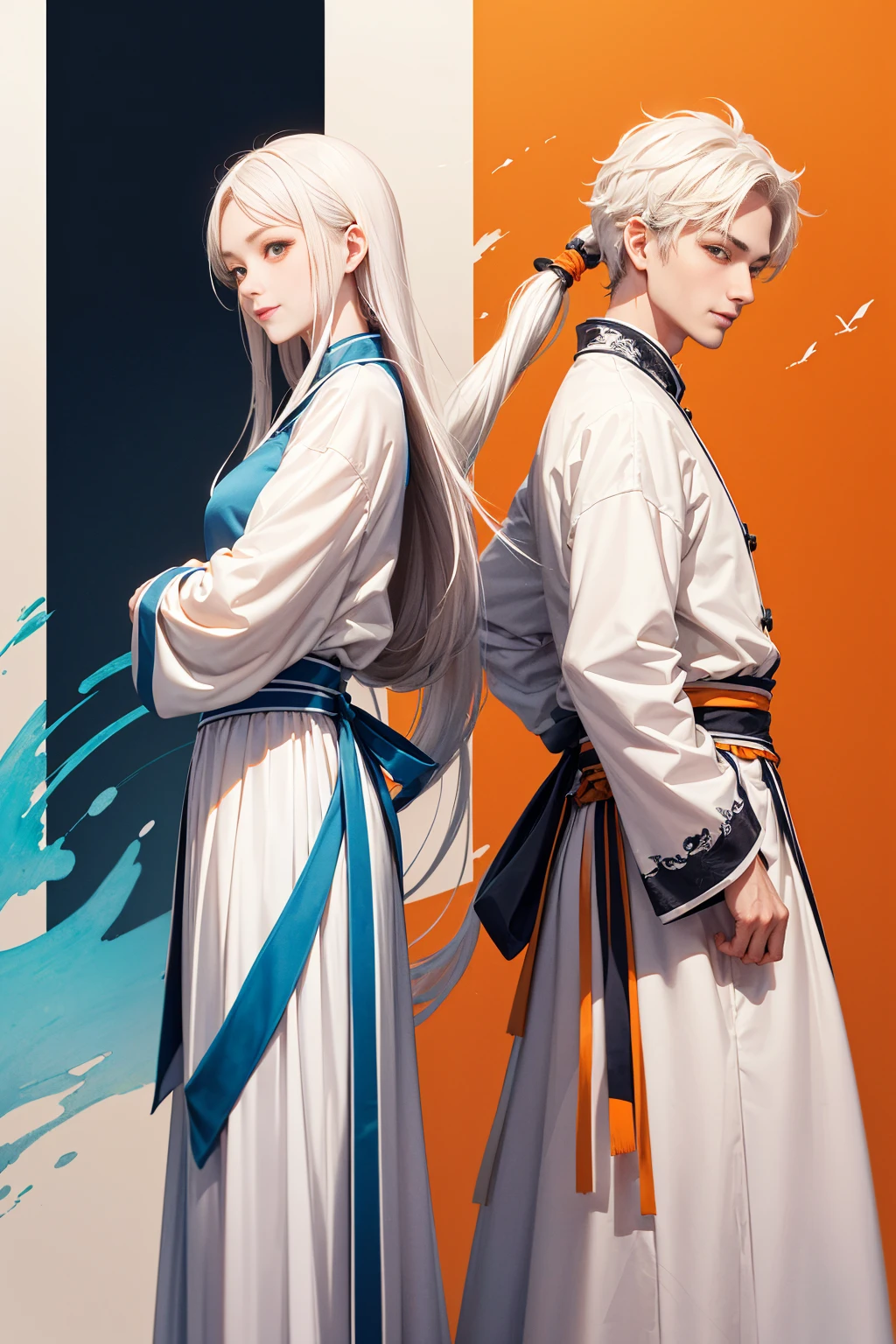 high quality , one white hair girl and one white hair boy, long hair, wuxia character, ((white clothes with blue and orange accent)), ink painting background, flat background, minimalist background, chinese wind pattern background, smiling, standing back to back