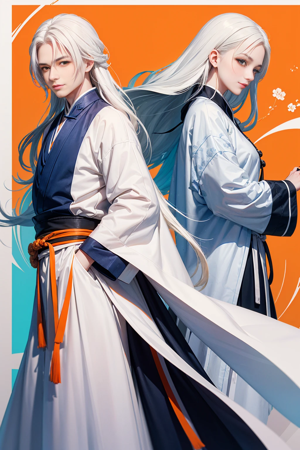 high quality , one white hair girl and one white hair boy, long hair, wuxia character, ((white clothes with blue and orange accent)), ink painting background, flat background, minimalist background, chinese wind pattern background, smiling, standing back to back