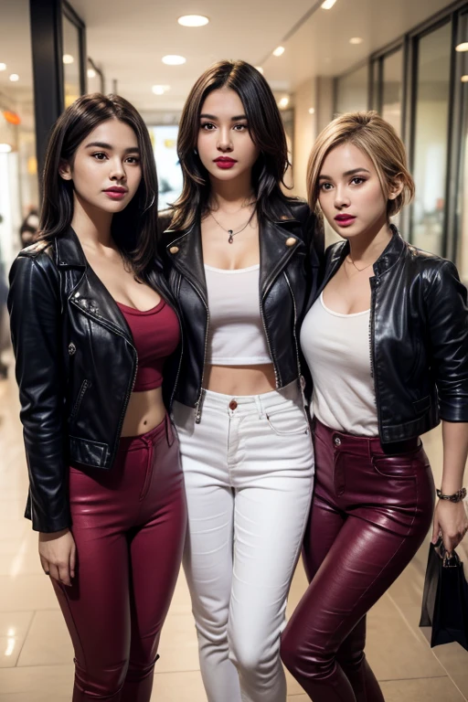 3 girls in leather clothes, in burgundy and black leather jackets, Cutie Pixie with short blonde hair, Lips in red lipstick, Tight black clothes.. Dark, trousers. Dark, Hairpins in a shopping center