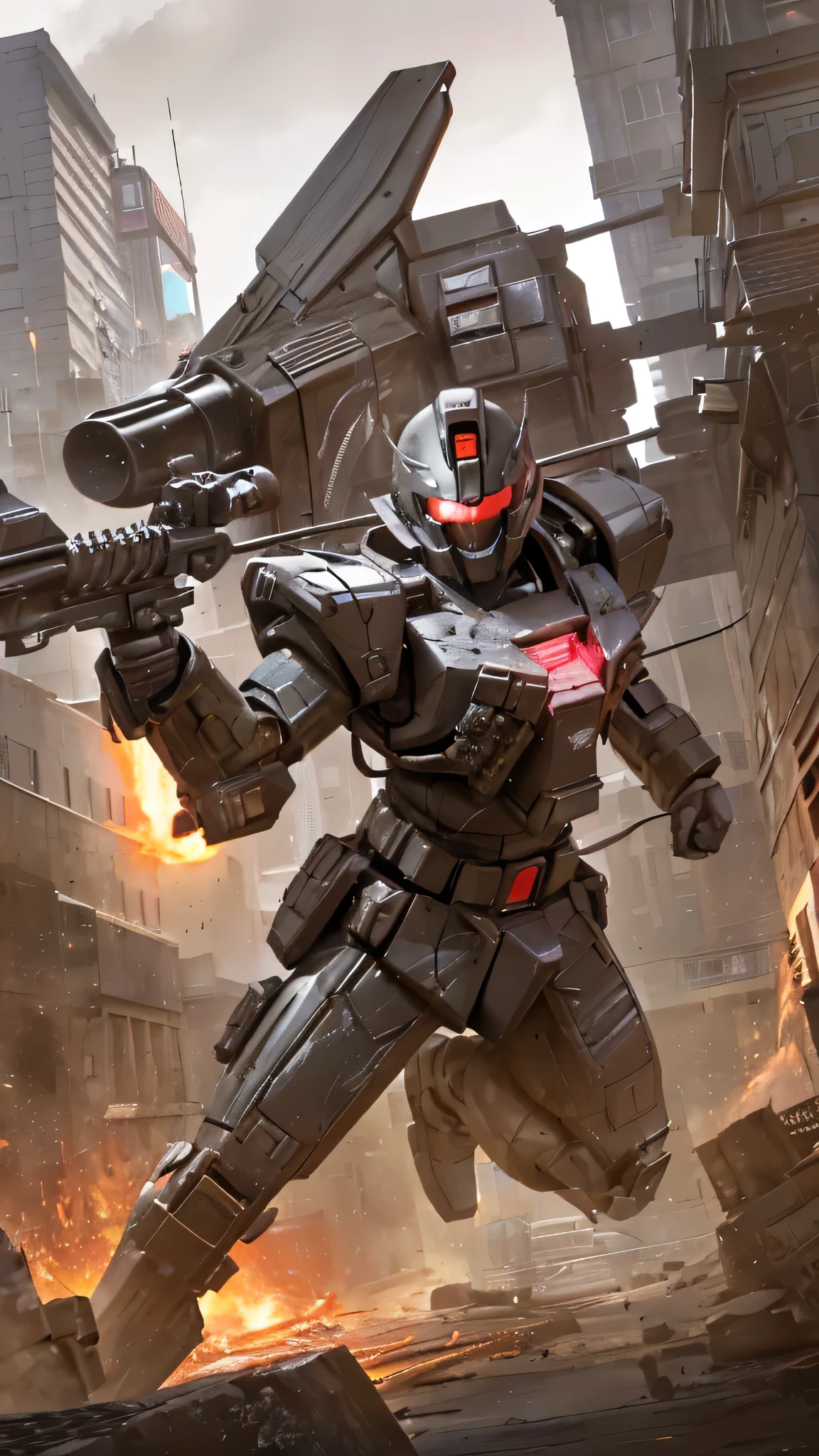 最high quality、Best image quality、masterpiece、Giant Mecha((humanoid、black body、Railgun、Bulletproof vest、Jetpack、Red visor、Full burst、Chainsaw,Covered in scars)）high quality、Beautiful art、background((city)),Tabletop、Exquisite design、Visual Arts、Written boundary depth、Best lighting、The finest details、8ｋ