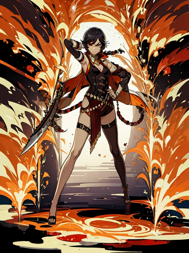 (masterpiece), best quality, expressive eyes, perfect face, with badass pose with claymore weapon, dynamic pose, full body view