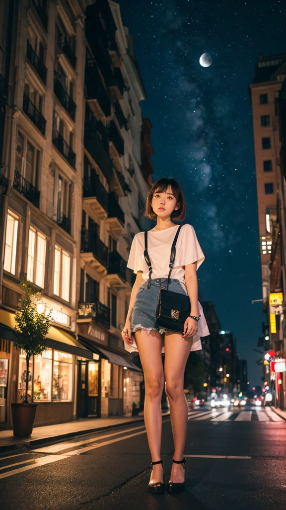 Night Sky, city, One Girl, Are standing, alone, whole body, , Maribe, short sleeves, Cape, bag