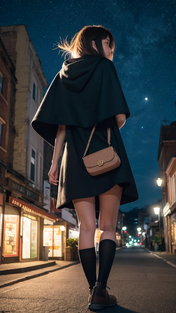 Night Sky, city,  One Girl, Are standing, alone, whole body, , Maribe, Puff short sleeves,  Cape, bag